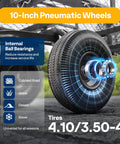 Close-up of 10-inch pneumatic wheels on Heavy Duty Mesh Steel Garden Cart with 880 lb Capacity Folding Utility Wagon.