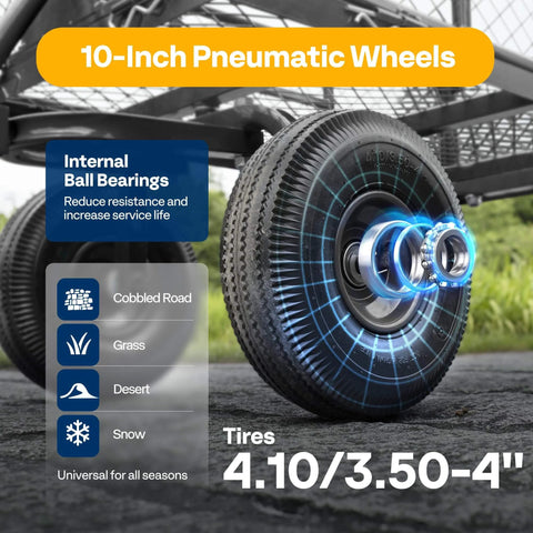 Close-up of 10-inch pneumatic wheels on Heavy Duty Mesh Steel Garden Cart with 880 lb Capacity Folding Utility Wagon.