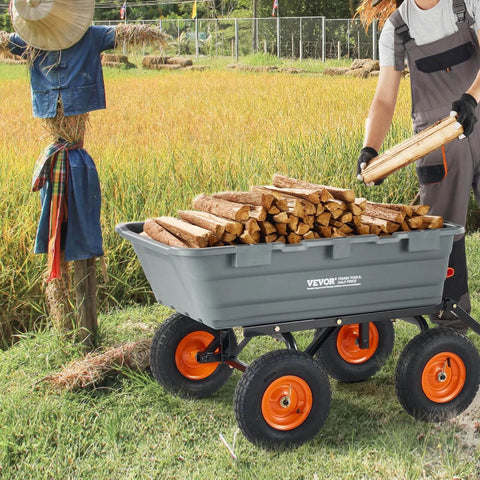 Person loading wood into 1200 lb 7 Cu Ft Garden Dump Cart with 2 in 1 Convertible Handle 13 Inch All Terrain Wheels near scarecrow.