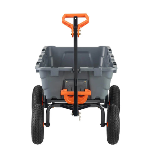 Front view of 1200 lb 7 Cu Ft Garden Dump Cart with 2 in 1 Convertible Handle, showcasing heavy duty poly design and all-terrain wheels.