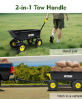 Heavy Duty Garden Dump Cart Utility Wagon with 900 LB Capacity 5 Cu Ft Bed 10 Inch Pneumatic Tires shown hand-pulled and hitched