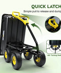 Heavy Duty Garden Dump Cart Utility Wagon with 900 LB Capacity 5 Cu Ft Bed, showing 180 Degree Pivot Steering and quick latch handle