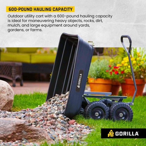 Poly Garden Dump Cart with 4 Cu Ft Tub 600 LB Haul Capacity Heavy Duty Utility Wagon with rocks dumping feature