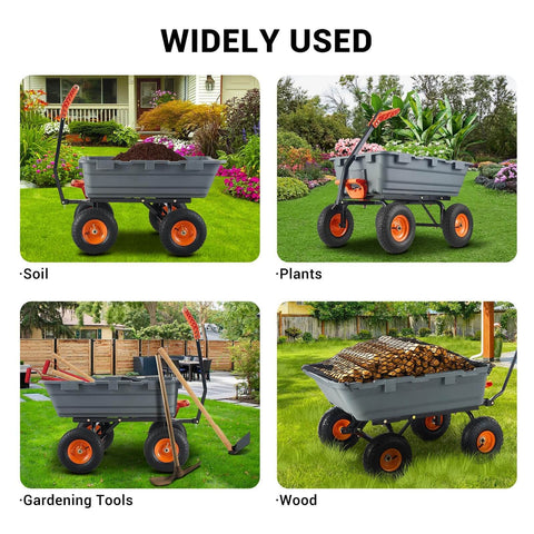 Heavy Duty Garden Dump Cart For Outdoors 800 Lb Capacity With Quick Release Dump And 10 Inch Flat Free All Terrain Wheels Utility Wagon For Soil Mulch Plants And Tools Grey in various garden settings