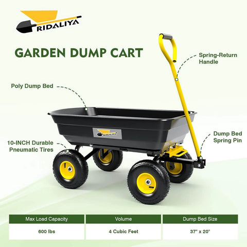 Heavy Duty Garden Dump Cart Utility Wagon with 600 LB Capacity 4 Cu Ft Bed 10 Inch Tires and Pivot Steering