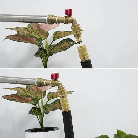 Garden Hose Quick Connect Fittings Set 3/4 Inch GHT Solid Brass Connectors attached to a hose with plants in the background.