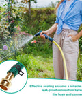 Person watering garden with hose, showcasing effective sealing and leak-proof connection