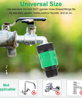 20 Piece Plastic Garden Hose Quick Connect Fittings Set With 12 Rubber Washers For Three Quarter Inch GHT Male And Female Connectors Durable Leak Free Snap On Quick Attach Hose System installed on outdoor faucet.
