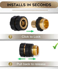Garden Hose Quick Connectors Kit With Three Quarter Inch Male And Female Quick Release Fittings And Six Rubber Washers For Easy Swapping Between Hoses, Sprinklers, And Nozzles, Six Sets Included showing installation steps.