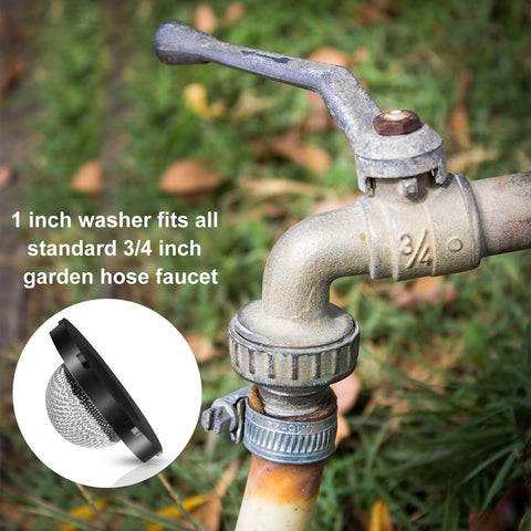 1 inch washer with stainless steel filter installed on a standard 3/4 inch garden hose faucet outdoors