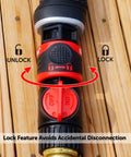 Close-up of Garden Hose Quick Connect Kit With Water Stop And Flow Control 9 Piece Snap And Lock Fittings showing lock feature.
