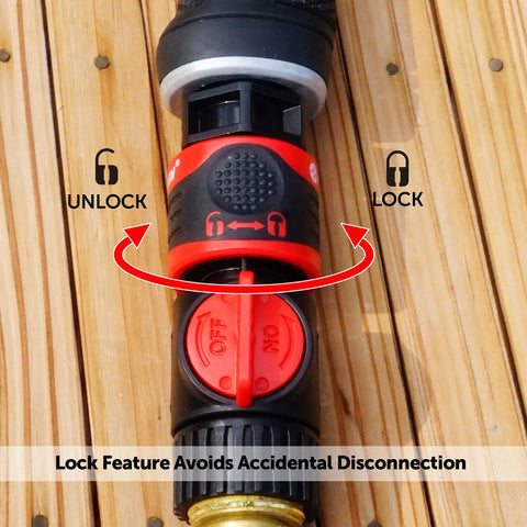 Close-up of Garden Hose Quick Connect Kit With Water Stop And Flow Control 9 Piece Snap And Lock Fittings showing lock feature.