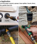 Garden Hose Quick Connect Fittings Set 3/4 Inch GHT Male And Female Metal Hose Connectors Quick Disconnect Adapter No Fuss Leak Free For Easy Attach And Detach Water Hoses 4 Pack connected to various tools and spigots outdoors.
