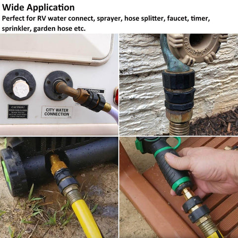 Garden Hose Quick Connect Fittings Set 3/4 Inch GHT Male And Female Metal Hose Connectors Quick Disconnect Adapter No Fuss Leak Free For Easy Attach And Detach Water Hoses 4 Pack connected to various tools and spigots outdoors.