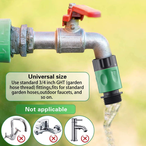 16 Piece Garden Hose Quick Connect Fittings Kit 3/4 Inch Plastic Hose Adapters With Male And Female Ends Plus 10 Rubber Washers In Green For Easy No-Fuss Leak Free Water Connections installed on faucet