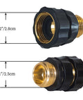 Twelve Piece Three Quarter Inch Garden Hose Quick Connectors Set With Six Male And Six Female Fittings And Six Rubber Washers Easy Connect Fits Standard Garden Hoses, close-up of two brass and black plastic fittings with measurements shown.