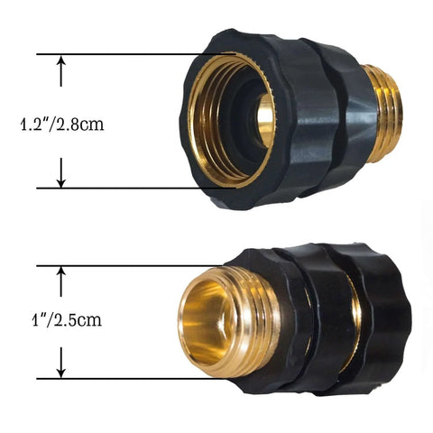 Twelve Piece Three Quarter Inch Garden Hose Quick Connectors Set With Six Male And Six Female Fittings And Six Rubber Washers Easy Connect Fits Standard Garden Hoses, close-up of two brass and black plastic fittings with measurements shown.