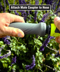 Hands connecting Garden Hose Quick Connect Fittings Kit With Flow-Stop Coupler And Plug to garden hose.