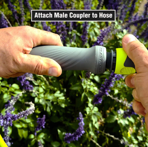 Hands connecting Garden Hose Quick Connect Fittings Kit With Flow-Stop Coupler And Plug to garden hose.