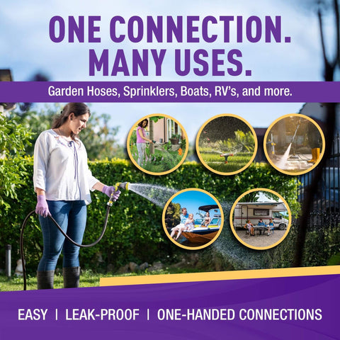 Woman using Easy Connect Garden Hose Quick Connect Fittings 3/4 Inch GHT Solid Brass for various outdoor applications.