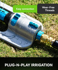 Solid Brass Garden Hose Quick Connect Fittings Three Quarter Inch GHT With No Leak Design on an irrigation setup