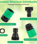 20 Piece Plastic Garden Hose Quick Connect Fittings Set With 12 Rubber Washers For Three Quarter Inch GHT Male And Female Connectors Durable Leak Free Snap On Quick Attach Hose System, showing various connectors and washers.