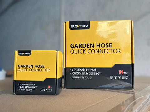 Box of Garden Hose Quick Connector Set Three Quarters Inch GHT Brass No Leak Adapters in packaging on display