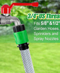 Green 15 Piece Plastic Garden Hose Quick Connectors Set with male and female fittings, three quarter inch US thread, attached to faucet.