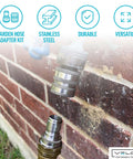 Three-Quarter-Inch Garden Hose Quick Connect Fittings Kit, Six-Piece Stainless Steel High-Pressure Couplings visible during use.