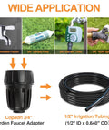 Six Pack Three Quarters Inch Female Pipe Thread To One Half Inch Drip Tubing Adapter For Garden Irrigation FHT To One Half Inch Barbed Drip Line Connector PVC Faucet Adapter Connects Three Quarters Inch Faucet Hose Bibb Easy Install with components shown and wide application examples