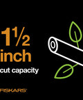 Graphic showing 1.5 inch cut capacity for heavy duty 28 inch garden loppers with rust resistant bypass steel blade.