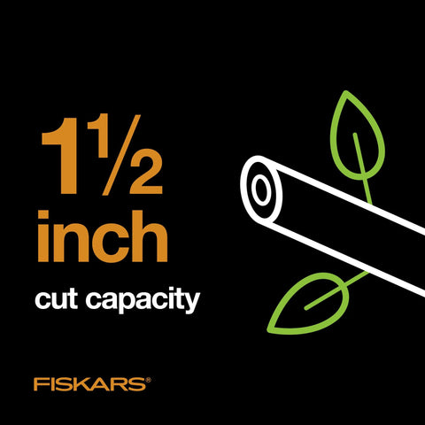 Graphic showing 1.5 inch cut capacity for heavy duty 28 inch garden loppers with rust resistant bypass steel blade.