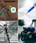 Collage of pruning shears on bench, hand with pen on chart, open umbrella on rainy street, toy truck on wet surface