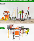 Before and after image of tools organized with 64 Inch Garage Wall Tool Organizer With Heavy Duty Rails And 10 Hooks in a garage.