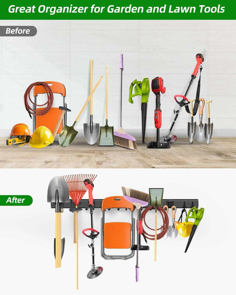 Before and after image of tools organized with 64 Inch Garage Wall Tool Organizer With Heavy Duty Rails And 10 Hooks in a garage.