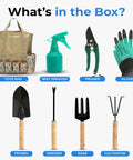 Heavy Duty Garden Tool Set With Stainless Steel Hand Tools Non Slip Rubber Grip Wooden Handles Claw Gloves Fingertip Claws Reinforced Tote contents display