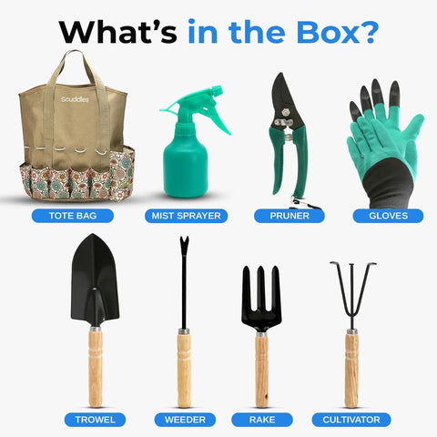 Heavy Duty Garden Tool Set With Stainless Steel Hand Tools Non Slip Rubber Grip Wooden Handles Claw Gloves Fingertip Claws Reinforced Tote contents display
