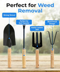 Heavy Duty Garden Tool Set With Stainless Steel Hand Tools including shovel, fork, and rake with wooden handles for weed removal.