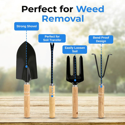 Heavy Duty Garden Tool Set With Stainless Steel Hand Tools including shovel, fork, and rake with wooden handles for weed removal.