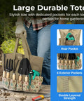 Heavy Duty Garden Tool Set With Stainless Steel Hand Tools in large tote, featuring exterior pockets, non slip rubber grip, wooden handles.