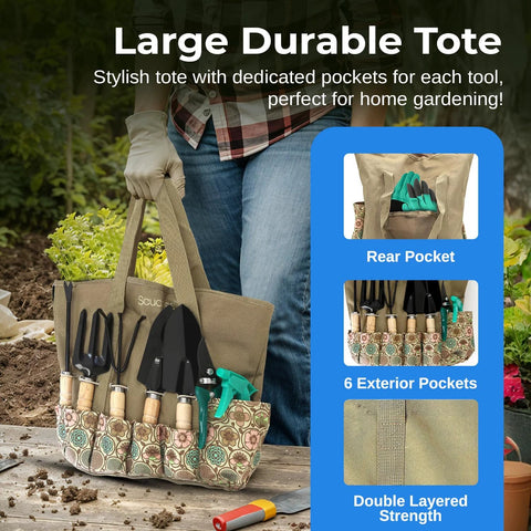 Heavy Duty Garden Tool Set With Stainless Steel Hand Tools in large tote, featuring exterior pockets, non slip rubber grip, wooden handles.