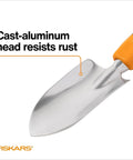 Heavy Duty Gardening Hand Trowel With Hang Hole For Digging And Planting Cast Aluminum Rust Resistant Head Ergonomic Handle And Comfort Grip Precision Tool For Tough Soil Weeding Transplants And General Yard Maintenance close-up of cast-aluminum head.