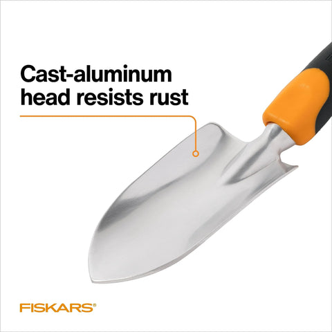 Heavy Duty Gardening Hand Trowel With Hang Hole For Digging And Planting Cast Aluminum Rust Resistant Head Ergonomic Handle And Comfort Grip Precision Tool For Tough Soil Weeding Transplants And General Yard Maintenance close-up of cast-aluminum head.