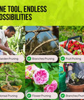 Man gardening, close-up of branches, basket of strawberries, bonsai tree, pink flowers, hands planting; 2 Pack Stainless Steel Gardening Scissors Set With Pruning Shears And Clippers For Garden Pruning Versatile Dual Cut Pruning Combo For Delicate Flower And Shrub Trim To Thick Branches Vegetables Fruits And Landscaping.
