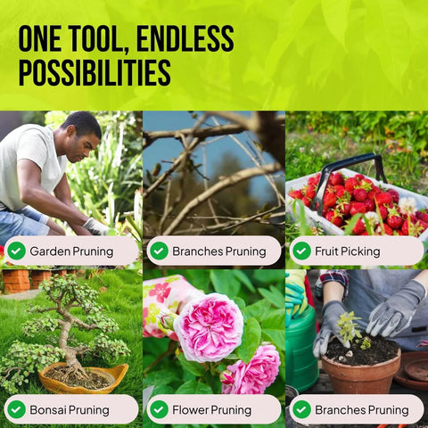 Man gardening, close-up of branches, basket of strawberries, bonsai tree, pink flowers, hands planting; 2 Pack Stainless Steel Gardening Scissors Set With Pruning Shears And Clippers For Garden Pruning Versatile Dual Cut Pruning Combo For Delicate Flower And Shrub Trim To Thick Branches Vegetables Fruits And Landscaping.