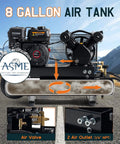 Albott 6.5HP Gas Powered Air Compressor with 8 Gallon Horizontal Tank, 196cc Loncin Engine, and dual air outlets