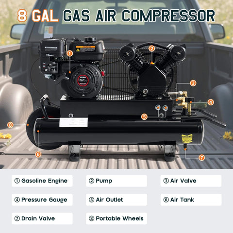 Albott 6.5HP Gas Powered Air Compressor, 8 Gallon Horizontal Tank with Wheels 10CFM@Max 115PSI, 196cc Loncin Engine shown in truck bed