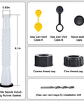 Spout Replacement Kit For Gas Cans With Preinstalled Gaskets, includes white spout, vents, caps, and drill for container use.