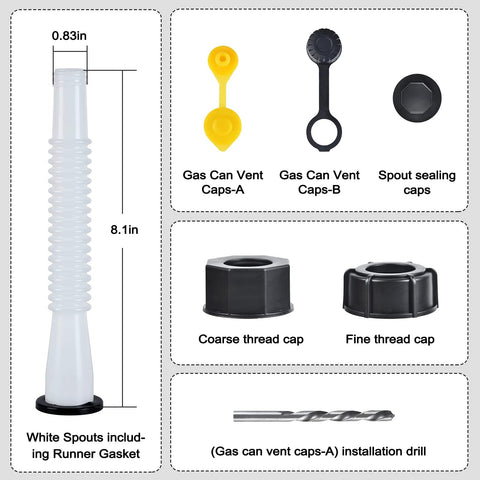 Spout Replacement Kit For Gas Cans With Preinstalled Gaskets, includes white spout, vents, caps, and drill for container use.