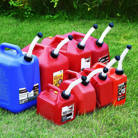 Spout Replacement Kit For Gas Cans With Preinstalled Gaskets, Universal Nozzle Replacement for various sized red gas cans on grass